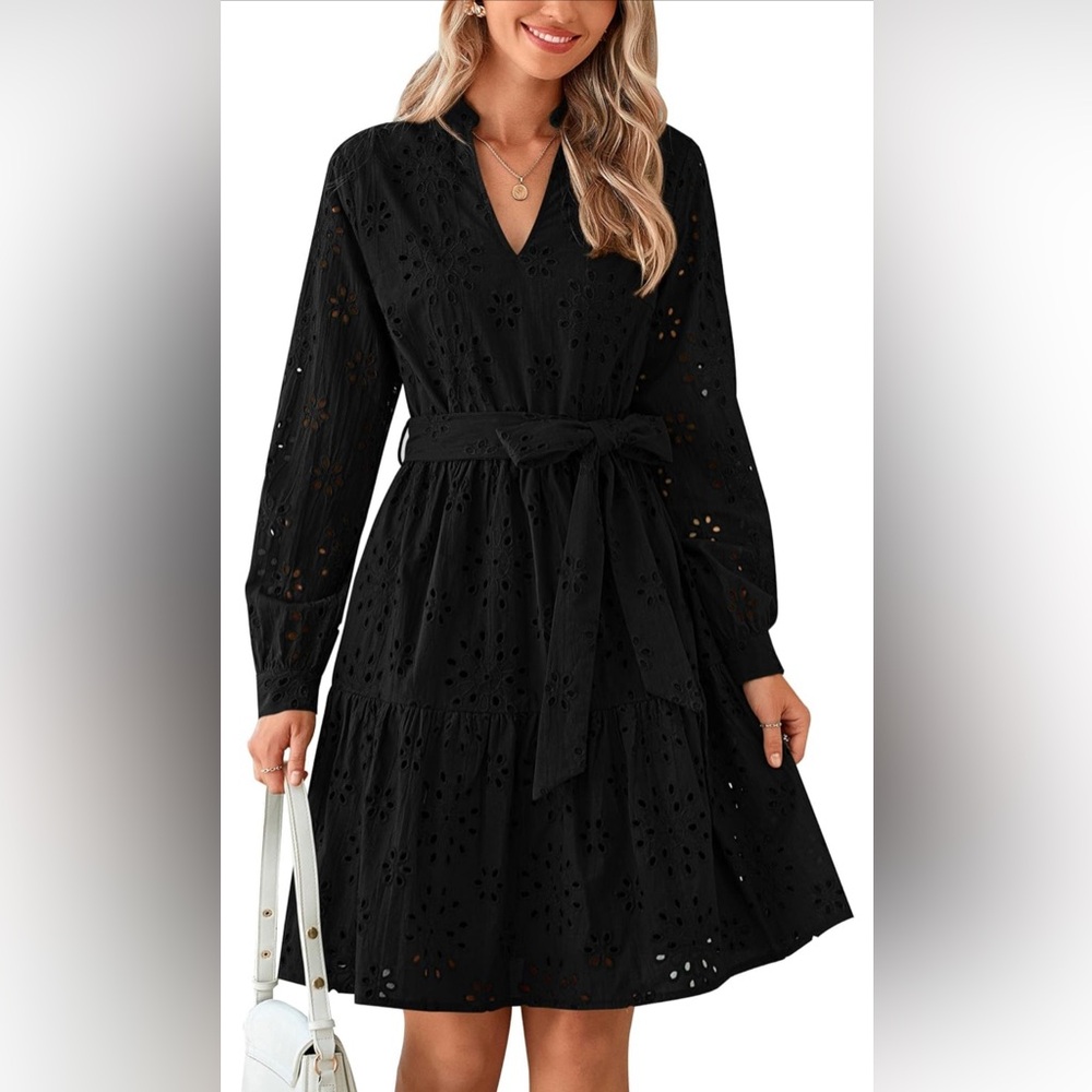 NEW Long Sleeve Spring A Line Hollow Out Eyelet Wedding Guest Belted Dress S